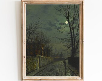 Vintage Moonlight Art Print – Dark Street, Evening Town (Paper or Canvas)