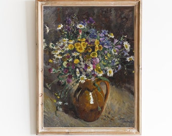 Pintura vintage de natureza morta floral – Impressão artística de vaso de flores coloridas