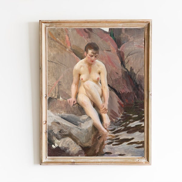 FREE SHIPPING - Nude Girl On The Beach Oil Painting - Vintage Nude Portrait Art - Naked Woman Swimming Art
