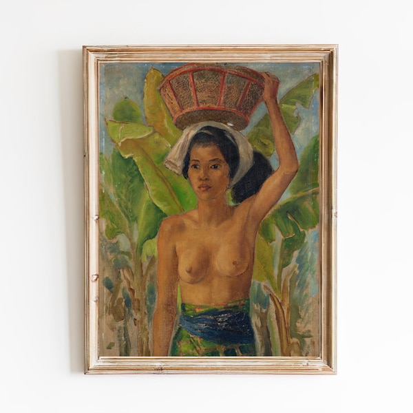 FREE SHIPPING - Asian Girl Vintage Nude Painting - Village Woman Nude Portrait Art -  Beautiful Asian Woman Art Print - Erotic Nude Portrait