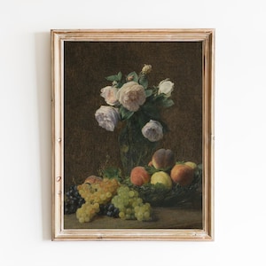 FREE SHIPPING - Vintage Fruit Still Life Painting - Pink Roses, Peaches And Grapes Art Print - Flower Vase And Fruit Art