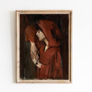 FREE SHIPPING - Woman Wearing A Red Hood Art Print - Vintage Woman In Red Oil Portrait Painting - 19th Century Girl Portrait Art