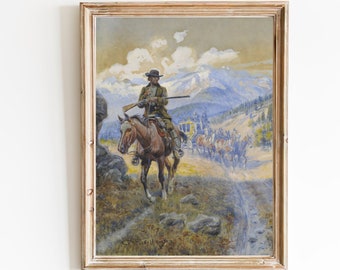 FREE SHIPPING - Vintage Western Scenery Painting - Cowboy On The Run Art - Horse Riding Western Landscape Painting