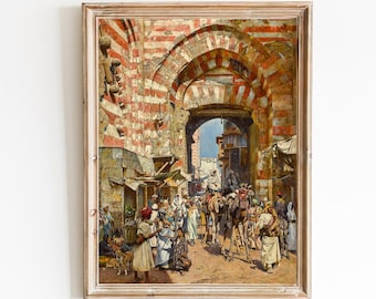 FREE SHIPPING - Gates Of The Khalifa In Cairo Art Print - Vintage Egypt Street Scenery Art - Oriental Arabic City Oil Painting