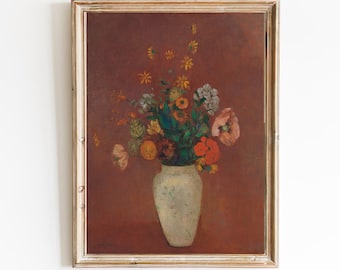 Impression d'art vintage nature morte florale française - Vase chinois rouge