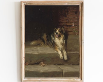 FREE SHIPPING - Dog Sitting On The Stairs Oil Painting - Vintage Cute Dog Portrait Art Print - 19th Century Classic Dog Art