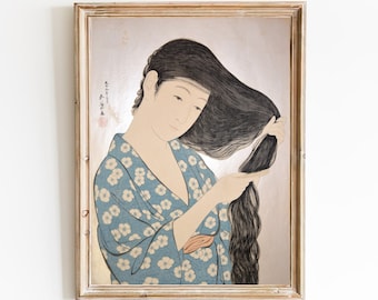 Japanese Woman Brushing Hair Art Print - Restored Vintage Portrait