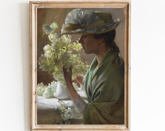 FREE SHIPPING - Stylish Woman In Green Portrait- Woman Smelling the Flowers Art