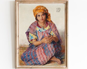 FREE SHIPPING - Arab Girl Vintage Portrait Painting - Little Tunisian Girl In Traditional Clothes Oil Portrait
