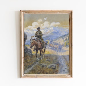 送料無料 - ヴィンテージ西部風景画 - カウボーイ・オン・ザ・ラン・アート - 乗馬西部風景画