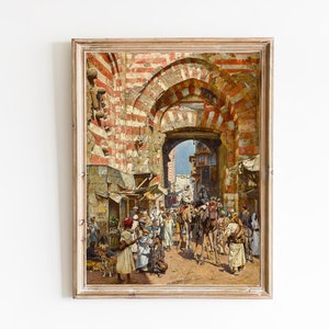ENVÍO GRATIS - Puertas del Khalifa en El Cairo Impresión de arte - Arte del paisaje callejero de Egipto vintage - Pintura al óleo de la ciudad árabe oriental
