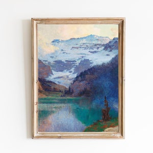 FREE SHIPPING - Lake Louise Oil Painting - Canadian Landscape Scenery Art Print - Beautiful Lake In The Mountains Art