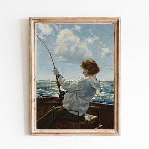 FREE SHIPPING - Redhead Girl Fishing In The Sea Painting- Woman Fishing In A Boat Art Print- Fishing Wall Art Print- Vintage Fishing Print