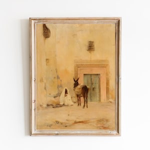 FREE SHIPPING - Arab Man and a Donkey Vintage Art Print - Oriental City Walls Painting