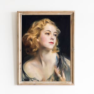FREE SHIPPING - Girl In Night Gown Portrait Art - Vintage Female Portrait Painting - Blonde Woman Art