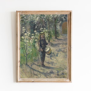 FREE SHIPPING  / Small Girl Playing The Drums Vintage Portrait Painting / French Impressionism Painting / Antique Kid Portrait