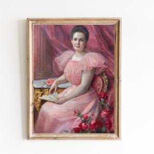FREE SHIPPING  / Lady In A Pink Dress Vintage Portrait Painting  / Woman In Pink Art Print  / Stylish Woman In Pink Art Print