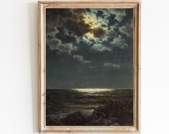 FREE SHIPPING - Midnight Sea Coast Oil Painting - Moonlit Sea Art Print - Rocky Beach At Night Painting