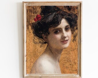 Antique Woman Portrait Art Print – Yellow Background, Vintage Wall Decor
