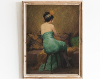 FREE SHIPPING - Vintage Female Portrait Behind The Back- Woman In Blue Dress Antique Painting- Classic Female Portrait- Stylish Woman Art