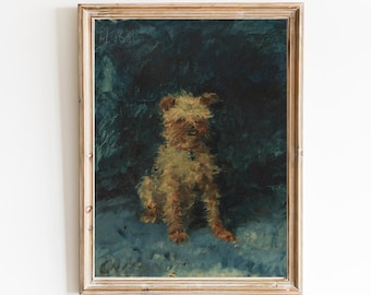 GRATIS VERZENDING - Klein Yorkshire Terrier Dog Olieverfschilderij - Vintage Franse 19e-eeuwse kunst - Schattige Yorkie Wall Art