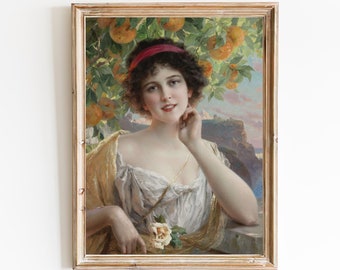 Vintage Woman Portrait Print, Orange Tree Art (Paper or Canvas)