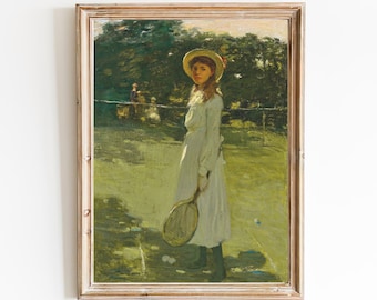 Lámina artística vintage de una niña jugando al tenis – Pintura restaurada