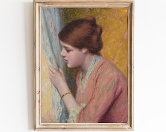 FREE SHIPPING - Vintage Female Oil Portrait Art - Woman Looking Out The Window Art Print - 19th Century Girl Painting