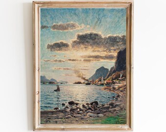 Norwegian Fjord Art Print – Vintage Steam Boat Seascape