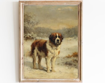 FREE SHIPPING - Saint Bernard Dog in the Snow Painting- Classic Dog Portrait- Saint Bernard Dog Wall Art