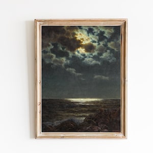 FREE SHIPPING - Midnight Sea Coast Oil Painting - Moonlit Sea Art Print - Rocky Beach At Night Painting