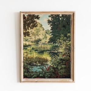 GRATIS VERZENDING - Lake In The Woods schilderij - bos vijver landschap schilderij - groene natuur landschap Art Print - groene boom bladeren landschapskunst