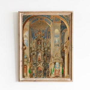 FREE SHIPPING - Vintage Church Interior Oil Painting - Old Christian Church Art Print - Beautiful Church Wall Art