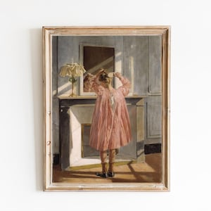FREE SHIPPING - Little Girl In Pink Brushing Her Hair Wall Art - A Kid In The Mirror Art - 19th Century Portrait Art