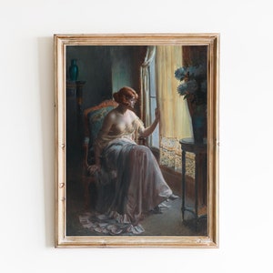 FREE SHIPPING  / 19th Century Female Portrait / Vintage Painting Of A Woman Looking Out The Window / Antique Woman Portrait /