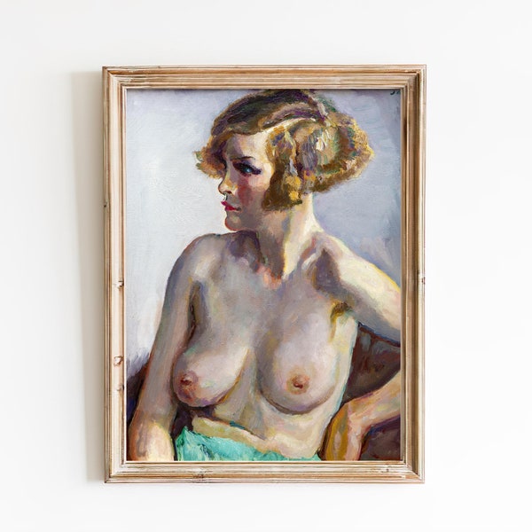 FREE SHIPPING  / Blonde Short Hair Woman Vintage Nude Oil Painting  / Classic Nude Woman Art Print  / Topless Woman Vintage Portrait