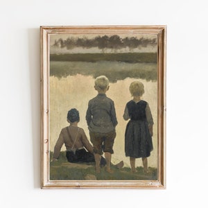 FREE SHIPPING - Three Kids At The Lake Vintage Art Print - Antique Children Portrait Painting - Kid Room Wall Decor