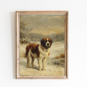 FREE SHIPPING - Saint Bernard Dog in the Snow Painting- Classic Dog Portrait- Saint Bernard Dog Wall Art