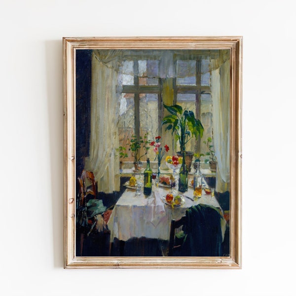 FREE SHIPPING - Dining Table Next to a Window Art Print - Afternoon Visit Vintage German Painting - Dining Room Still Life Wall Art