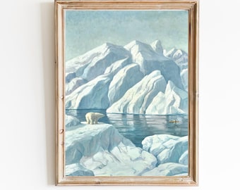 Polar Bear Arctic Landscape Art Print – Vintage Oil Painting