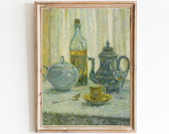 FREE SHIPPING - Tea Pot And Cup Vintage Still Life Painting - Antique Dining Room Wall Art - French Impressionism 19th Century Art Print