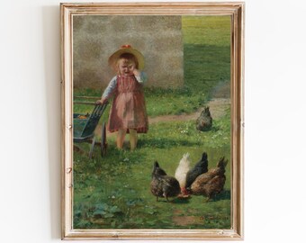 Vintage Farm Girl Art Print – Chickens, Country Kid Portrait