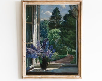 FREE SHIPPING - Blue Flowers On The Window Art Print - Beautiful Window View Painting - House In Nature Oil Painting