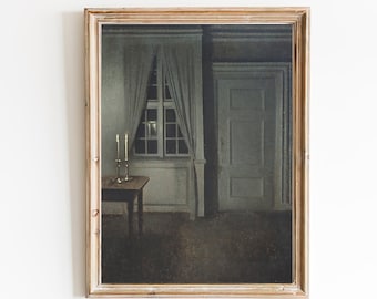 Candle In A Dark Room Painting, Vintage Interior Art Print