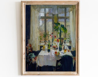 FREE SHIPPING - Dining Table Next to a Window Art Print - Afternoon Visit Vintage German Painting - Dining Room Still Life Wall Art