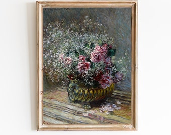 FREE SHIPPING- Vase Of Pink Roses Vintage Painting- French Still Life Flower Painting- Pink Flowers Beautiful Wall Art Print- Herbal Print