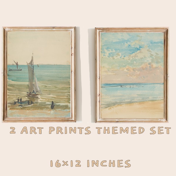 FREE SHIPPING - Seascape Watercolor Art Set Of 2 Prints - British Shore 19th Century Art - Cloudy Sky At The Sea Art - Vintage Sailboat Art