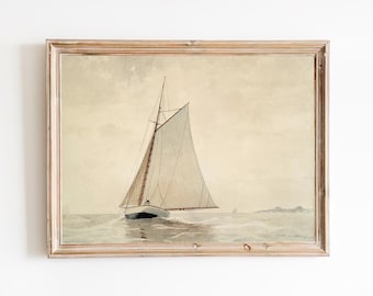 FREE SHIPPING - Sailboat Vintage Painting- Seascape Sailing Art Print- Foggy Sky Over Sea Art Print- Sailing Wall Decor