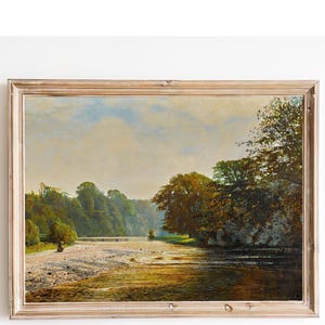 FREE SHIPPING - Fisherman by the River Vintage Painting - Peaceful Riverside Scenery Art