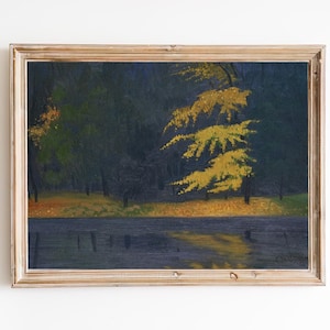KOSTENLOSER VERSAND - See im Herbst Vintage Ölgemälde - Kalte, düstere Herbstlandschaft Kunstdruck - See im Abend Kunst